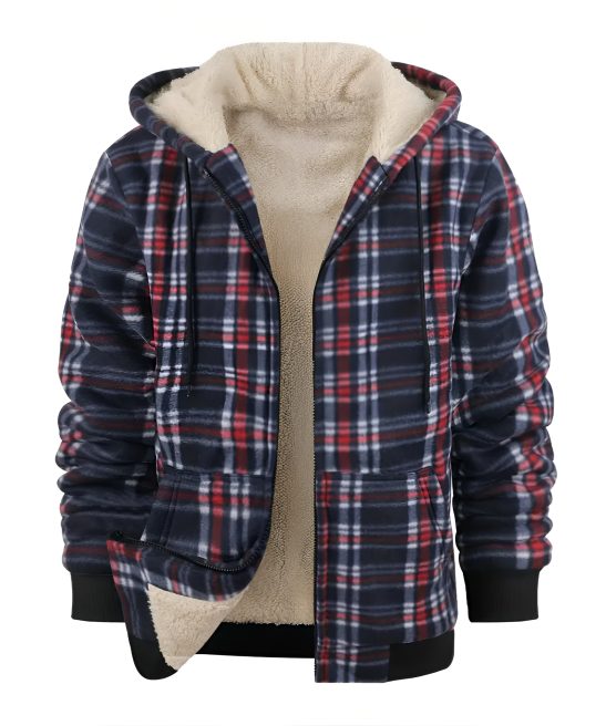 Full Zip Hooded Jacket For Men With Sherpa Lining And Plaid Design